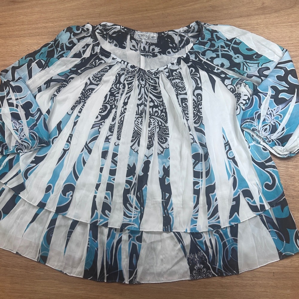 Cato Woman 18/20W Teal Black‎ Abstract Sheer Pleated Blouse Plus Size